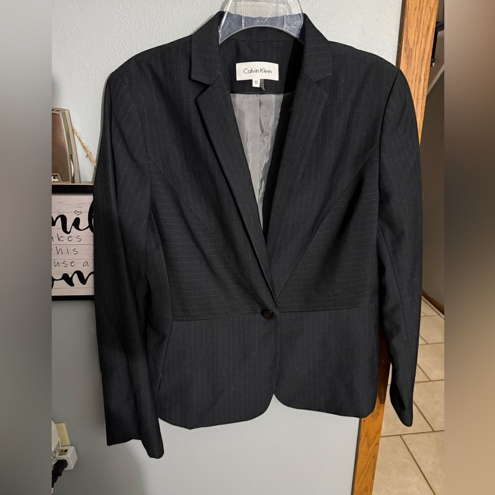 Calvin Klein Black Pinstripe Grey Blazer Suitcoat Jacket Women's Size 12